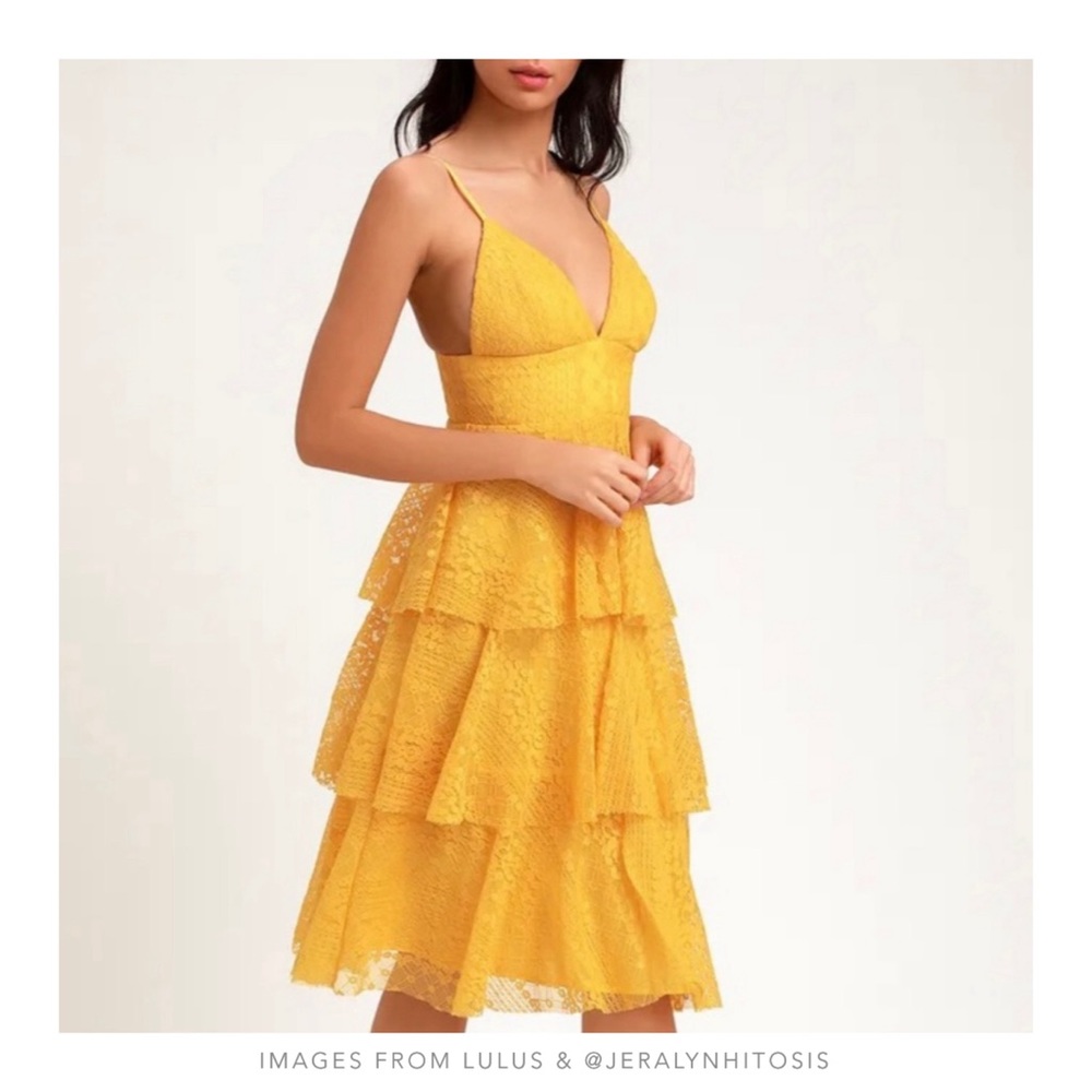 Lulus | Endless Romance Yellow Lace Ruffled Midi Dress